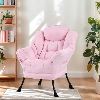 Furlide Lazy Chair for Living Room, Modern Accent Chairs with Armrests, Pink Armchairs with Side Pocket, Cozy Lazy Sofa for Reading, Balcony, Bedroom, Dorm, Small Spaces