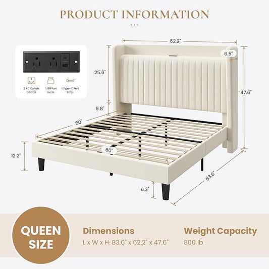 SHA CERLIN Queen Size Velvet Bed Frame with USB Charging Station, Wingback Storage Headboard, Upholstered Platform Bed with Wooden Slats Support, No Box Spring Needed, Easy Assembly, Cream White