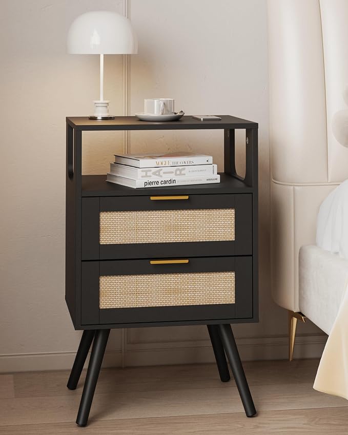 JOONEE Rattan Nightstand,Farmhouse Bedside Table with 2 Storage Drawer and Open Wood Shelf, for Bedroom and Small Spaces,Night Stand with Solid Wood Legs (Black)