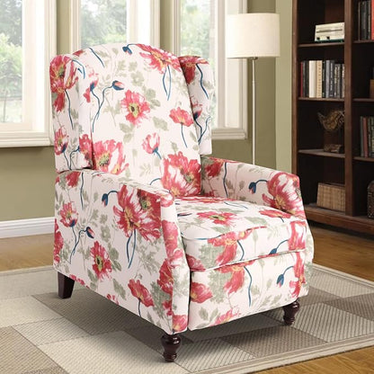 Upholstered Wingback Recliner Chair, Traditional Push Back Recliner Chair with Padded Seat, Fabric Floral Chair Wingback Recliner with Wooden Legs, Small Recliners for Small Spaces