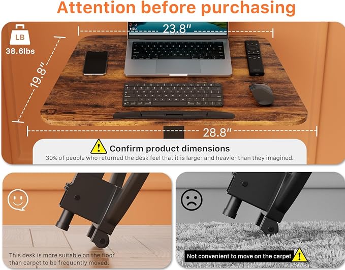 JOY worker Foldable Mobile Standing Desk, Pneumatic Height Adjustable Sit Stand Desk, 90° Tiltable Rolling Laptop Table, Portable Workstation with Non-Slip Mat for Home Office, Holds Up to 22lbs