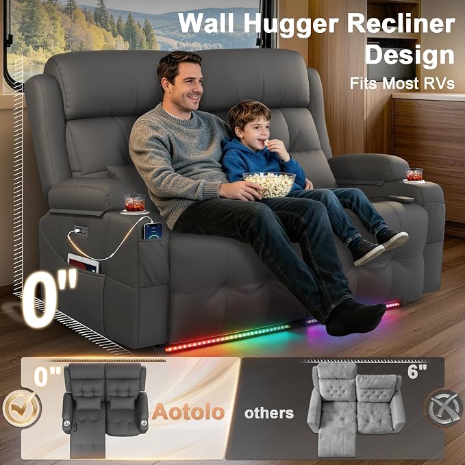 Power Reclining Loveseat with Massage & Heat,Wall Hugger Home Theater Seating with LED Lights,USB & Type-C Ports, Ideal for RV, Home Theater and Game Room,Gray,2 Seats