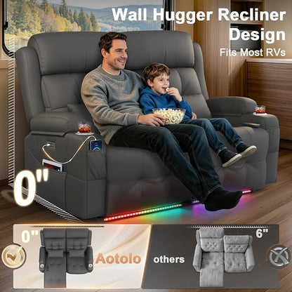 Power Reclining Loveseat with Massage & Heat,Wall Hugger Home Theater Seating with LED Lights,USB & Type-C Ports, Ideal for RV, Home Theater and Game Room,Gray,2 Seats