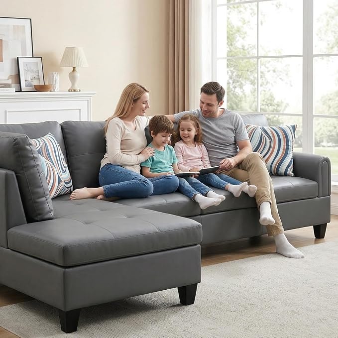 L-Shaped Sectional Sofa, Modern 4-Seat Couch with Left Facing Chaise, Leather Sectional Couch for Living Room, Apartment, Office, Dark Grey