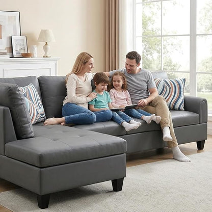L-Shaped Sectional Sofa, Modern 4-Seat Couch with Left Facing Chaise, Leather Sectional Couch for Living Room, Apartment, Office, Dark Grey
