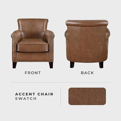 Lexicon 100% Top Grain Genuine Leather Chair, Leather Accent Chairs for Living Room, Solid Wood Frame, Rolled Armrest & Nailhead Trim, Comfy Reading for Bedroom, Office, Waiting Room, Brown
