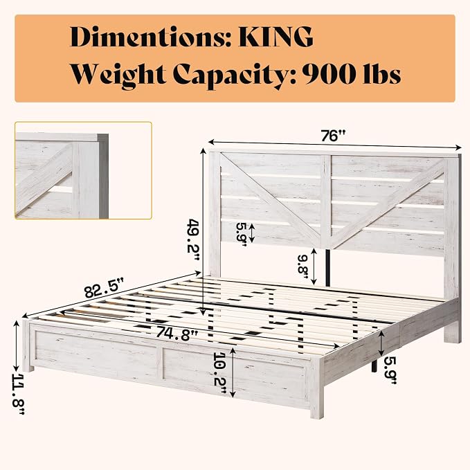 AMERLIFE King Size Bed Frame with 49.2" Barn Door Headboard and Footboard, Farmhouse Platform Bed Frame with Wood Slats, No Box Spring Needed, Under Bed Storage, Distressed White