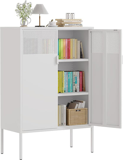 47''H White Metal Storage Cabinet with 2 Adjustable Shelves, 2 Door Accent Cabinet, 3-Tier Metal Locker with Vent Hole, TV Stand for Entryway, Home Office, Music Studio, Home Office