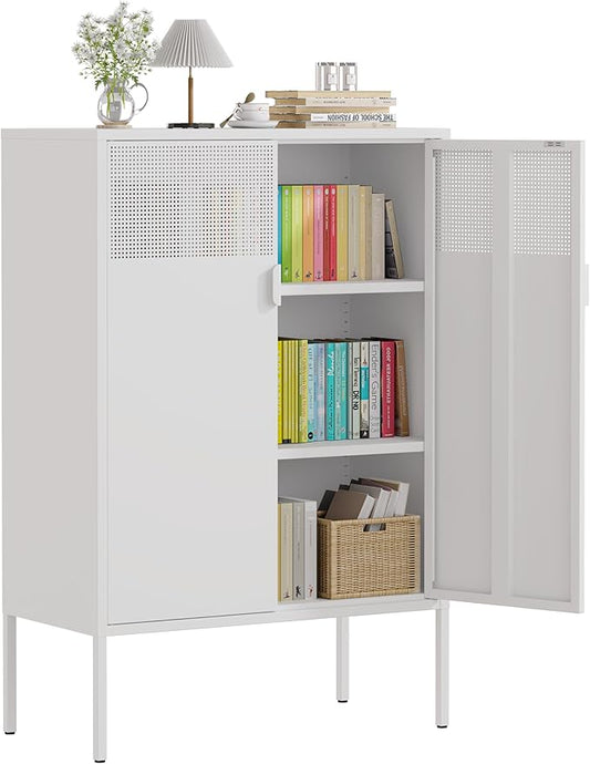 47''H White Metal Storage Cabinet with 2 Adjustable Shelves, 2 Door Accent Cabinet, 3-Tier Metal Locker with Vent Hole, TV Stand for Entryway, Home Office, Music Studio, Home Office