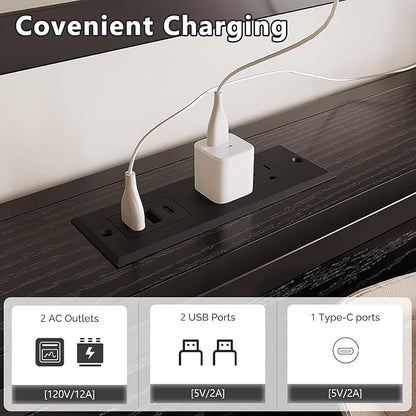VINGLI Queen Platform Bed Frame with 4 Storage Drawers and Adjustable Headboard Shelf, Metal Bed with Charging Station and LED Lights, No Box Spring Needed, Noise Free, Easy Assembly, Black