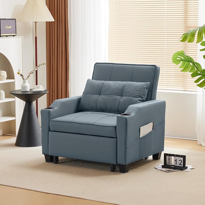 VINGLI Sleeper Chair with Pull Out Couch Bed, 3-in-1 Convertible Sofa Bed Chaise Recliner with USB Ports, Cup Holders, Side Pockets for Living Room Bedroom Small Spaces