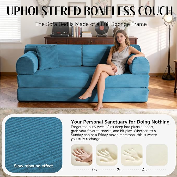 79'' Convertible Sofa Bed, 6 in 1 Folding Floor Futon Couch Sleeper with Fixed Frame, Corduroy Modular Sofa Bed with Removable Armrests & Pillows, No Assembly for Living Room Bedroom (Light Blue)