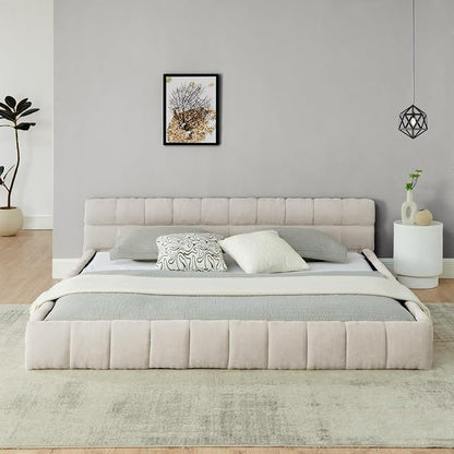 KEIKI King Thick Chenille Platform Bed Frame with Upholstered Tufted Headboard, Modern Solid Wood Floor Platform for Bedroom, No Box Spring Needed