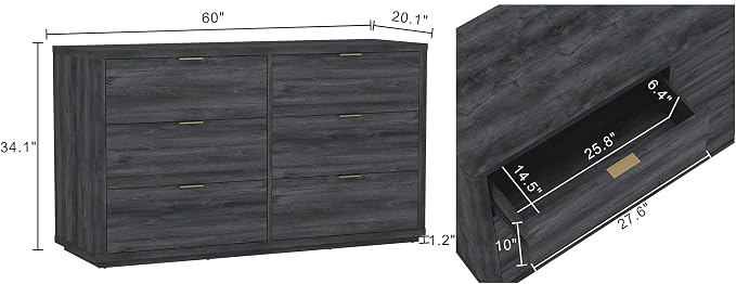 Manhattan Comfort Evelyn 60" Wide Modern Wood Dresser with 6 Drawers, Premium Storage Drawers with Rounded Edges and Brushed Gold Handles, Versatile Home Furniture, Charcoal Gray