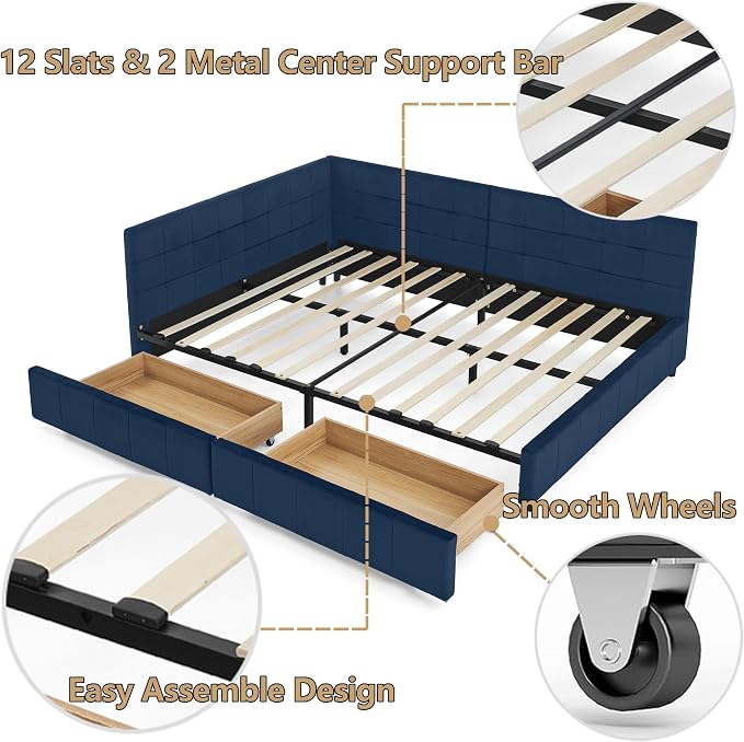 Full Size Corner Bed Frame with Storage Drawers, Comfortable Backrest and Armrests, Velvet Tufted Corner Bed Frame Full Size, Upholstered Daybed for Bedroom, Living Room, Guest Room, Dark Blue