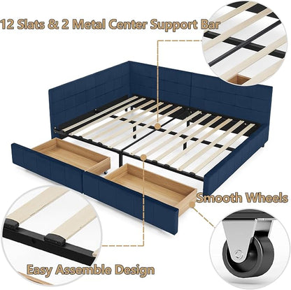 Full Size Corner Bed Frame with Storage Drawers, Comfortable Backrest and Armrests, Velvet Tufted Corner Bed Frame Full Size, Upholstered Daybed for Bedroom, Living Room, Guest Room, Dark Blue