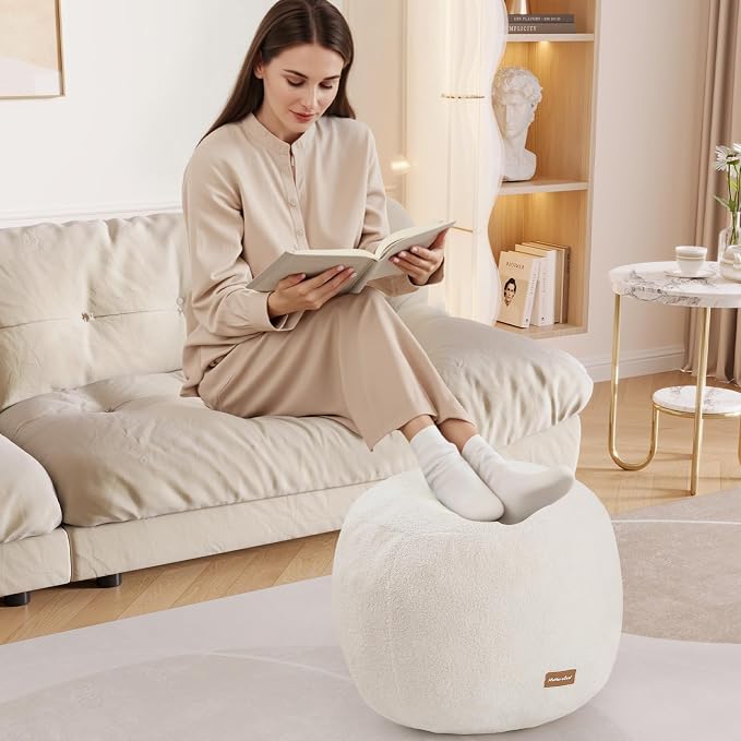 MeMoreCool Stuffed Round Pouf Ottoman Foot Rest, Floor Pouf Foot Stool with Soft Foam Chunk Filling, Small Round Ottoman Footstool Circle Footrest for Living Room, Beige