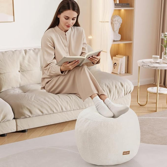 MeMoreCool Stuffed Round Pouf Ottoman Foot Rest, Floor Pouf Foot Stool with Soft Foam Chunk Filling, Small Round Ottoman Footstool Circle Footrest for Living Room, Beige