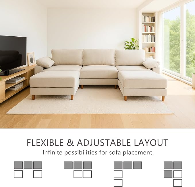 Oversized Modular Cloud Couch with Removable Washable Cover, U -Shaped Sectional for Large Living Room, Plush Chenille & Deep Seat（Beige）