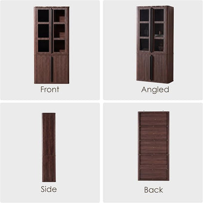 77" Tall Storage Cabinet - Fluted Pantry Cabinets with Glass Doors, Wooden Kitchen Food Cupboard, Adjustable Shelves, Modern Display Storage Closet for Living Room, Dining Room, Office, Brown 2pcs