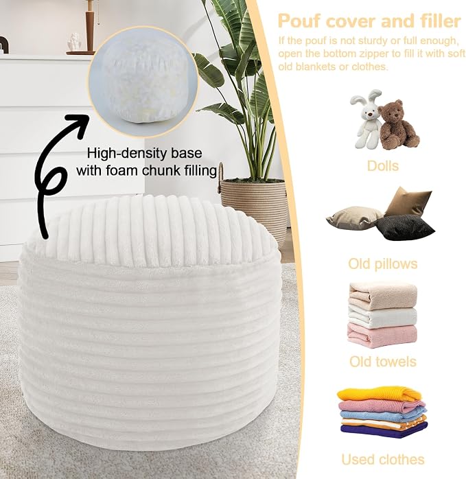 MeMoreCool Stuffed Round Pouf Ottoman Foot Rest, Soft Plush Floor Pouf Foot Stool, Corduray Footstool Footrest, Small Round Ottoman for Living Room Couch Sofa Chair, 20x15 Inch Beige