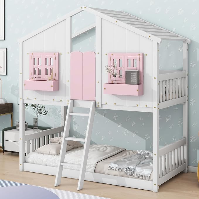 PVWIIK Twin Over Twin House Bunk Beds with Window Door & Roof, Solid Wood Playhouse Bunk Bed w/Window Box & Ladder,No Box Spring Needed & Space Saving for Boys and Girls, Pink/White