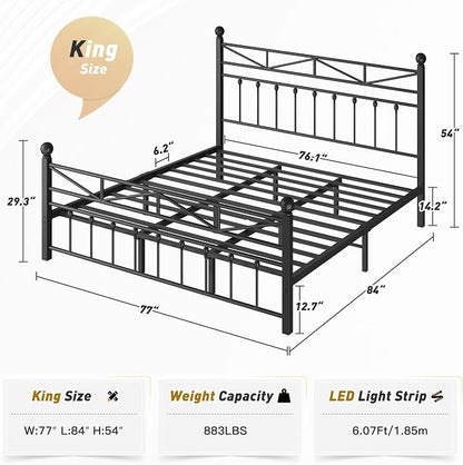 EnHomee 14.2" King Bed Frame with Tall Headboard & Footboard, Metal Bed Frame with Strong Slats Support and Noise-Free Design，Under Bed Storage，No Box Spring Needed，Black