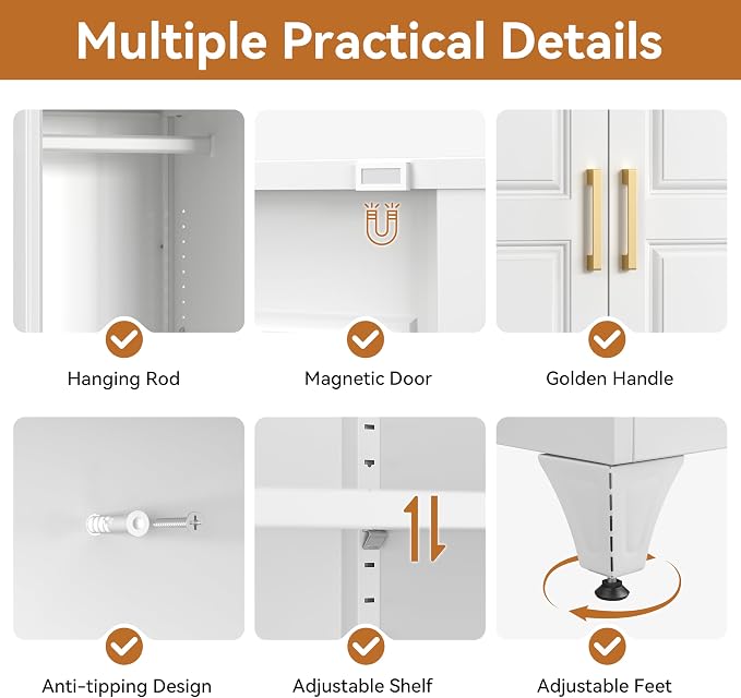 Polup Metal Armoire Wardrobe Closet, 71" Tall White Wardrobe Cabinet with 2 Doors, Hanging Rod and Adjustable Shelves, Steel Clothing Storage Cabinet for Bedroom, Home, Employee, Gym, Office