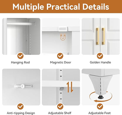 Polup Metal Armoire Wardrobe Closet, 71" Tall White Wardrobe Cabinet with 2 Doors, Hanging Rod and Adjustable Shelves, Steel Clothing Storage Cabinet for Bedroom, Home, Employee, Gym, Office