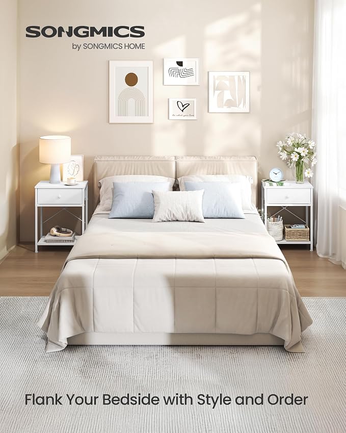 SONGMICS Bedside Table, Side Table with Drawer, Nightstand with Lower Shelf, for Bedroom, Living Room, 11.8 x 15.6 x 23.8 inches, Set of 2, Cloud White, BELLAH Collection ULGS111W101S