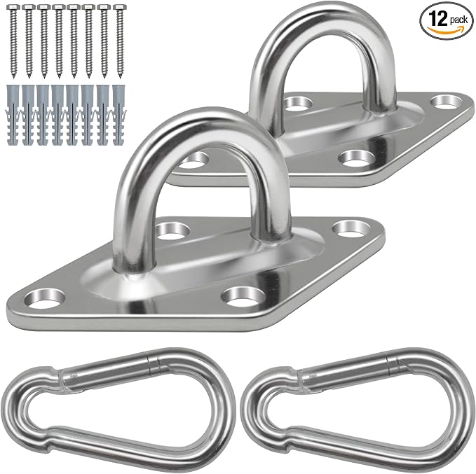 Hammock Hooks Heavy Duty, 1700lbs Capacity Hammock Hanging Kit, 2pcs 10MM 304 Stainless Steel Pad Eye Hooks for Porch Swing Hanging, Hammock Chair, Wall Ceiling Mount Hanger Indoor & Outdoor (Silver)