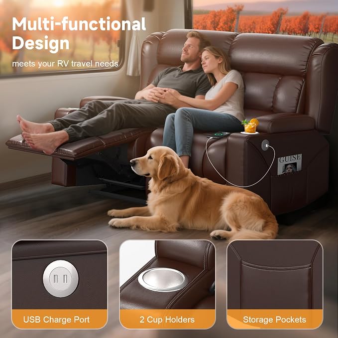 Loveseat Recliner Sofa, Wall Hugger RV Reclining Loveseat RV Couch with USB Ports, Large Pockets, Cup Holders, 150° Adjustable RV Recliners Furniture for Travel Trailers & Home Theater Seating
