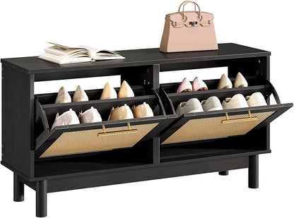 HOOBRO Rattan Shoe Storage Bench with Double Flip Drawers, Narrow Shoe Storage Organizer for Entryway, 11.8" D x 39.4" W x 20.9" H, Hidden Space Saving Wooden Shoe Cabinet for Hallway, Black BN51HX01