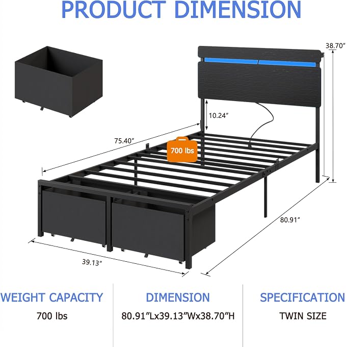 Forestell Twin Bed Frames with Wood Headboard, Black Platform Bed with 2 Storage Drawers & Shelf, Built in Charging Station & LED Lights, Metal Support, No Box Spring Needed, Camas Twin Size