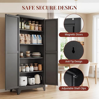 71" Metal Kitchen Pantry Cabinet with Dual Handles & Adjustable Legs, Freestanding Storage Cabinet with Doors and 4 Adjustable Shelves, Tall Food Pantry for Kitchen Dining Room, Black