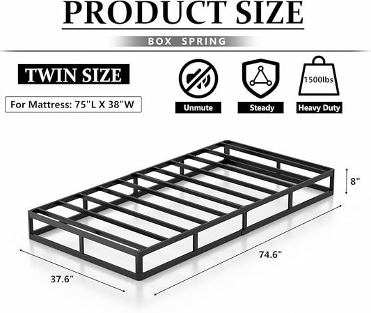 NHODIR Twin Box Spring 8 Inch Low Profile Box Spring Twin Size Bed Base, Black Heavy Duty Metal Mattress Foundation with Easy Clean Fabric Cover, Easy Assembly