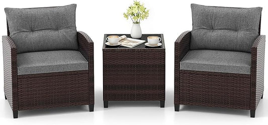 COSTWAY 3PCS Patio Furniture Set, PE Rattan Wicker Sofa w/Washable Cushion and Coffee Table, Tempered Glass Tabletop, Outdoor Conversation Set for Balcony, Porch, Yard, Backyard, Lawn (Grey)