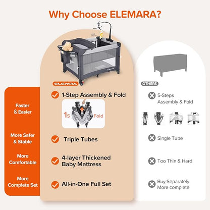 ELEMARA 4 in 1 Baby Bassinet Bedside Crib with Diaper Changer, Mattress, 1-Second Set up Bedside Bassinet with 3 Adjustable Height, Portable Crib with Storage/Toy Bar/Zip Door