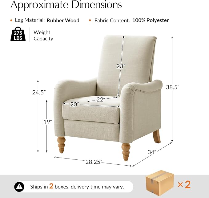HULALA HOME Farmhouse Recliner Chairs Set of 2 with Solid Wood Spindle Legs, Curved Push Back Recliner Armchairs with Adjustable Backrest & Footrest, Comfy High Back Lazyboy Single Sofas, Linen