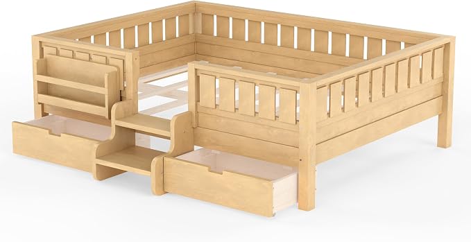 Bellemave Full Size Bed Frame with Storage Drawers & Bookshelf, Low Profile Kids Bed with Staircase & Full Length Guardrails, Solid Wood Full Size Bed Frame Kids with Slats Load 450 LBS, Natural