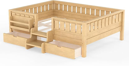 Bellemave Full Size Bed Frame with Storage Drawers & Bookshelf, Low Profile Kids Bed with Staircase & Full Length Guardrails, Solid Wood Full Size Bed Frame Kids with Slats Load 450 LBS, Natural
