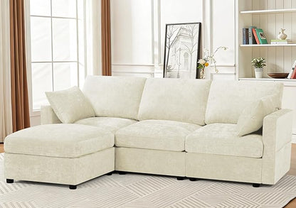 84” Chenille 3-Seats Sofa W/Movable Ottoman, Beige | Modern Fabric L-Shaped Couch w/Soft Backrests, Upholstered Sectional Sofa w/Arm Pillows for Living Room