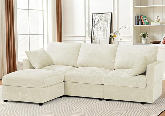 84” Chenille 3-Seats Sofa W/Movable Ottoman, Beige | Modern Fabric L-Shaped Couch w/Soft Backrests, Upholstered Sectional Sofa w/Arm Pillows for Living Room