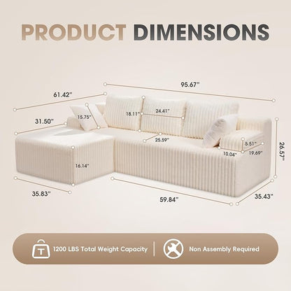 Hobestluk Boneless Couch Modular Sectional Sofa L-Shape Cloud Couch Lounge | 96" Left Facing Chaise White,Memory Foam,Removable Cover,Non-slip Bottom,No Assemble Required,Furniture for Small Home