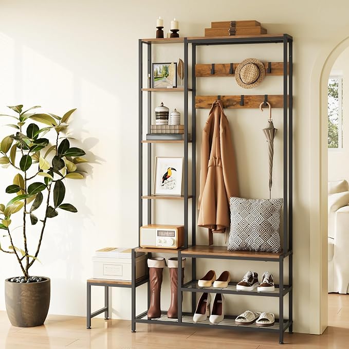 Espelism Hall Tree with Shoe Storage Bench Coat Rack with 7 Hooks Interchangeable 4 Tier Side Storage Shelves Small Cute Side Bench Industrial 5-in-1 Entryway Coat Rack for Hallway Mudroom Bedroom