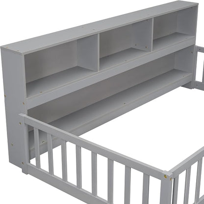Bellemave Kids Montessori Floor Bed Twin Size,Floor Bed Frame with Bookcase and Shelves for Kids Boys Girls,Twin,Gray