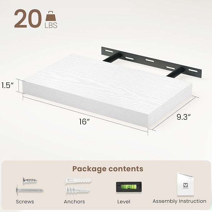 Vivelove White Floating Shelves, 16 Inch Wall Display Shelves for Bathroom Living Room Kitchen Bedroom Office Farmhouse Home Decor, 16" X 9.3" X 1.5" - Set of 2, White