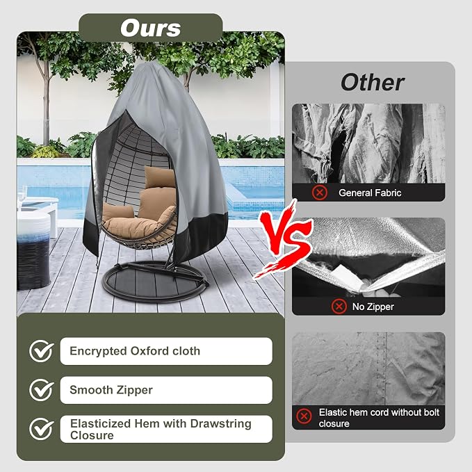 Egg Chair Cover Waterproof, 75x45 Inch Outdoor Hanging Egg Swing Chair Cover, Heavy Duty 420D Oxford Fabric, UV Resistant Windproof with Zipper & Drawstring, Fits Single Seat Egg Chair (Dark Grey)