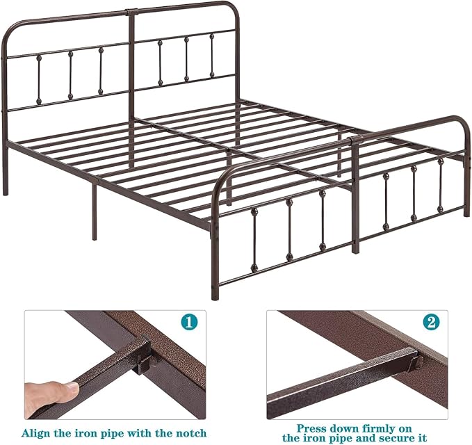 VECELO King Size Victorian Style Metal Bed Frame with Headboard/Mattress Foundation/No Box Spring Needed/Under Bed Storage and Strong Slat Support Purple Bronze
