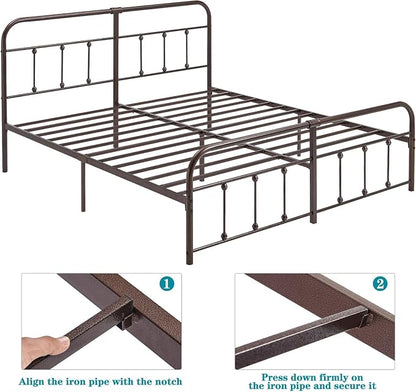 VECELO King Size Victorian Style Metal Bed Frame with Headboard/Mattress Foundation/No Box Spring Needed/Under Bed Storage and Strong Slat Support Purple Bronze